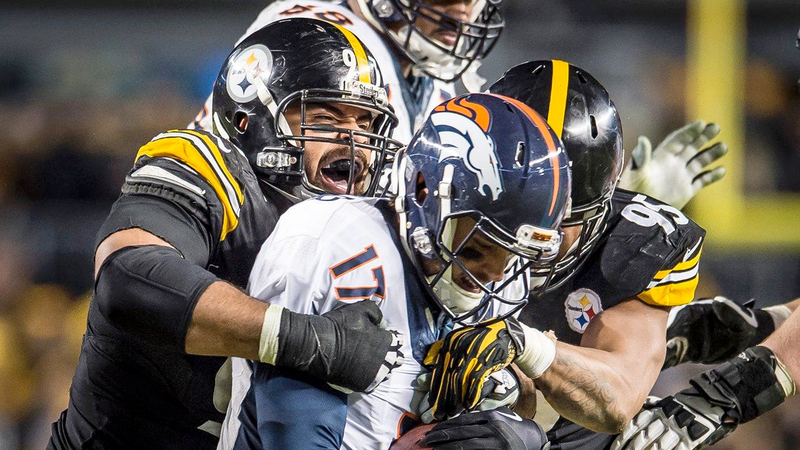 Denver Broncos quarterback Brock Ostweiler is mauled by Steelers defenders during the teams’ regular season matchup, which Pittsburgh won 34-27. (Photo: Pittsburgh Steelers)